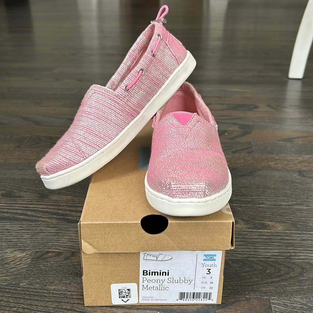 TOMS Bimini Peony Slubby Metallic Pink YOUTH 3 Girls Glam/Shimmery/ Glitter Boat
